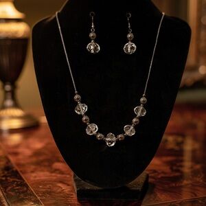 Grey Beaded Necklace with Crystal Drop Earrings